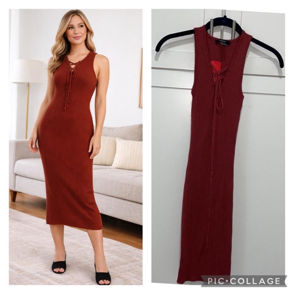 Rust sleeveless ribbed knit dress
